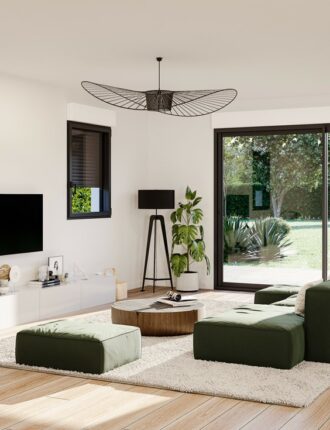 salon moderne avec fenêtre Noir et coffre volet roulant intégré Blanc - Les Menuiseries Françaises